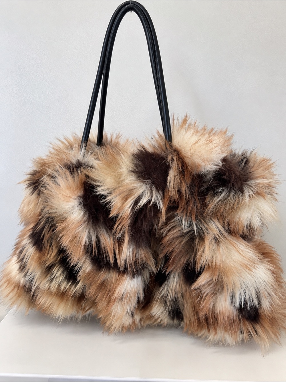 Plush Multi-Brown Faux Fur Tote with Black Handles